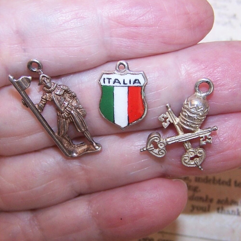 3 Italian Silver Enamel Charms - Vatican Guard, Papal Symbols, Travel Shield